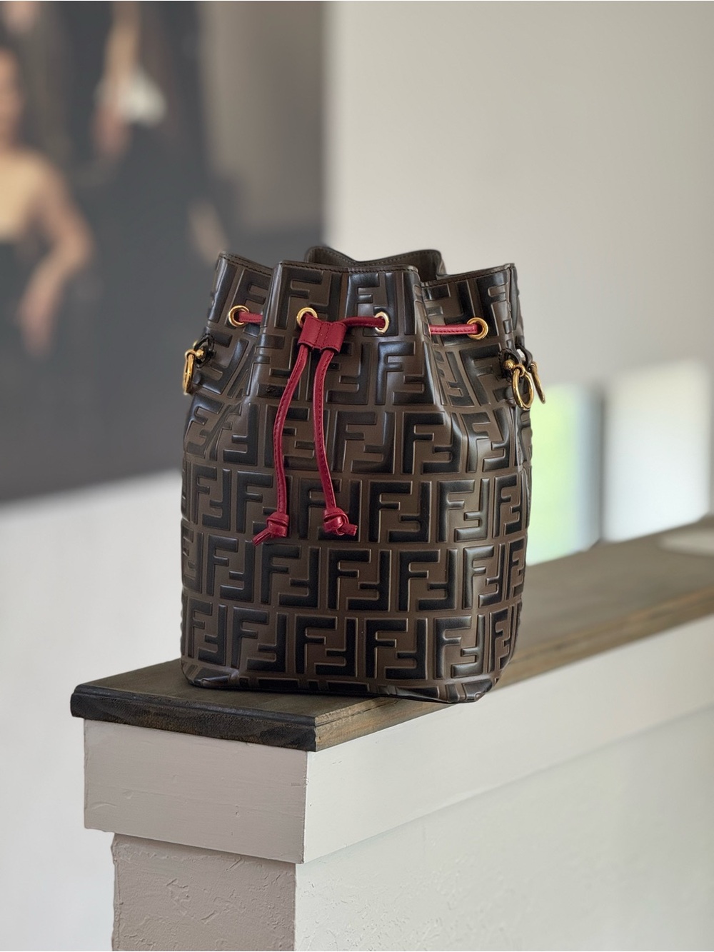 Fendi Brown Embossed FF Bucket Bag with Red Drawstring
